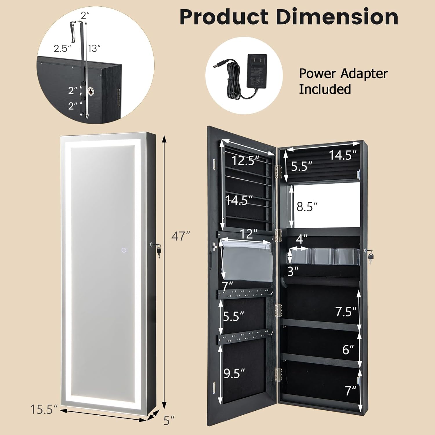 Full-Length Lighted Mirror Jewelry Cabinet with Drawers